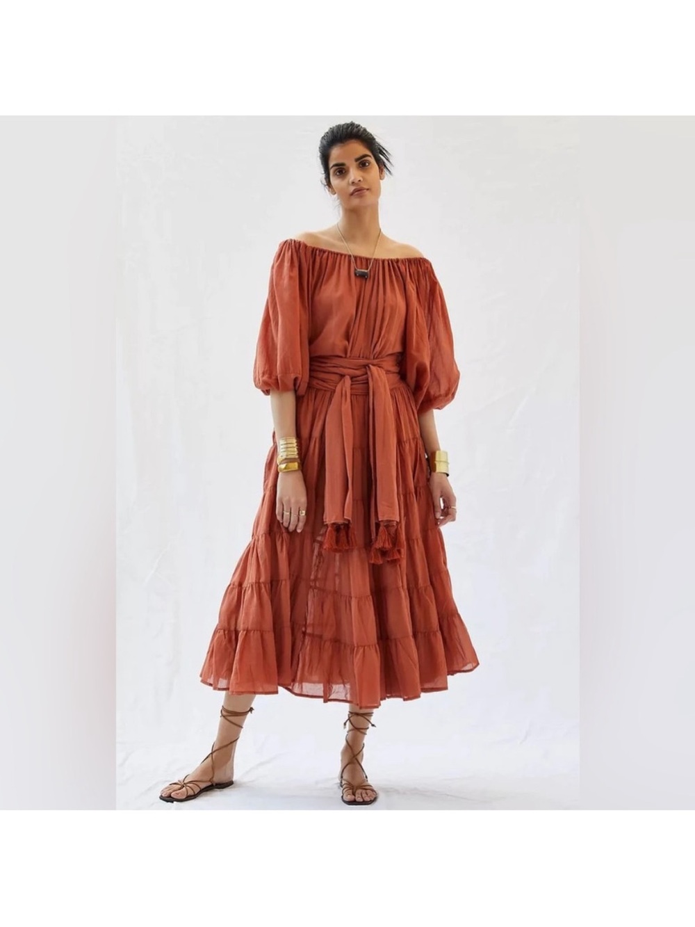 NWT Erika Pena Off-Shoulder Tiered Midi Dress with Waist Sash in Rust